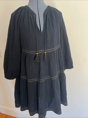 Vineyard Vines Dark Blue Tassel Tiered Peasant Dress with Gold Stitching